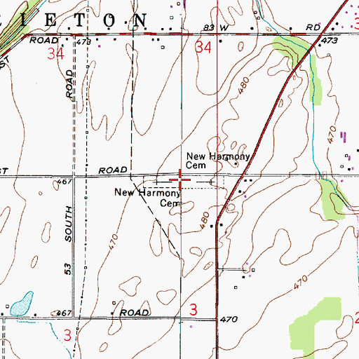 Topographic Map of New Harmony Cemetery, IN