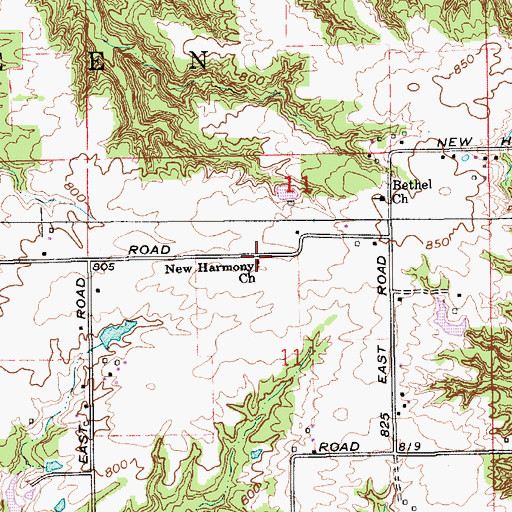 Topographic Map of New Harmony Church, IN