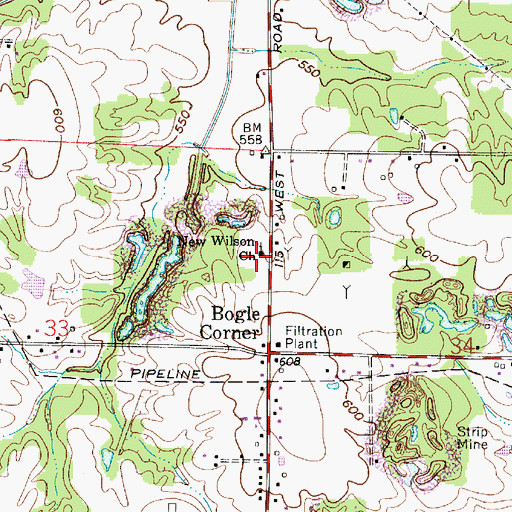 Topographic Map of New Wilson Church, IN