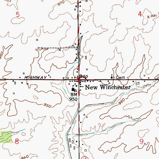 Topographic Map of New Winchester, IN