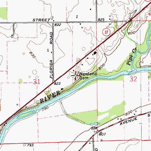 Topographic Map of Newland Cemetery, IN