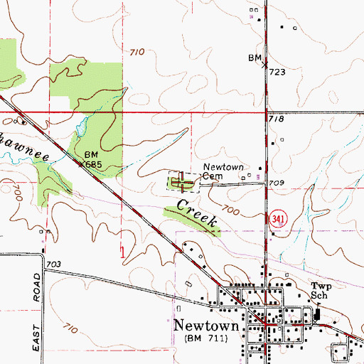 Topographic Map of Newtown Cemetery, IN