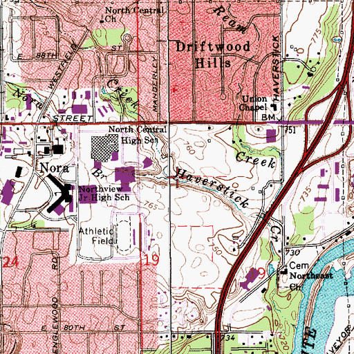 Topographic Map of Nora Branch, IN