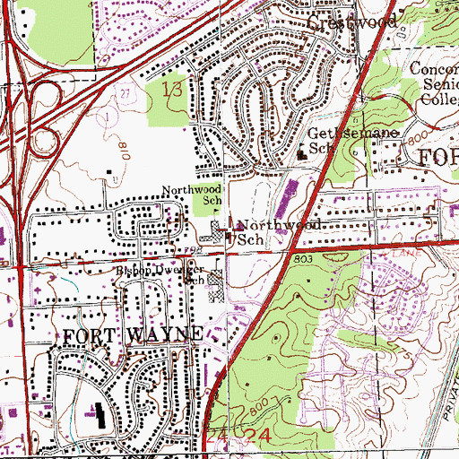 Topographic Map of Northwood School, IN