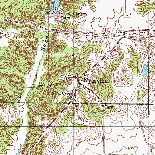 Topographic Map of Nyesville, IN