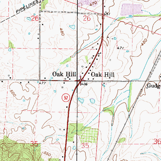 Topographic Map of Oak Hill, IN