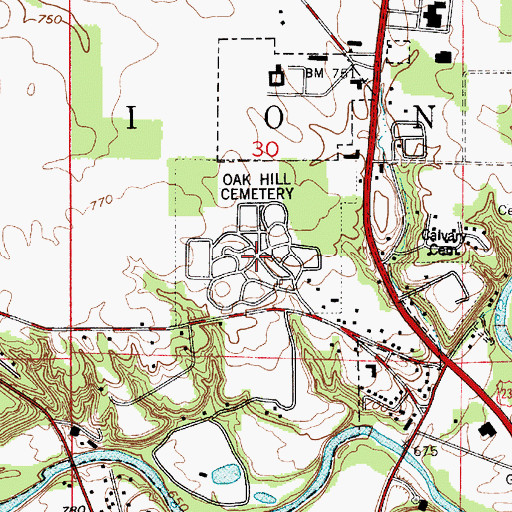Topographic Map of Oak Hill Cemetery, IN