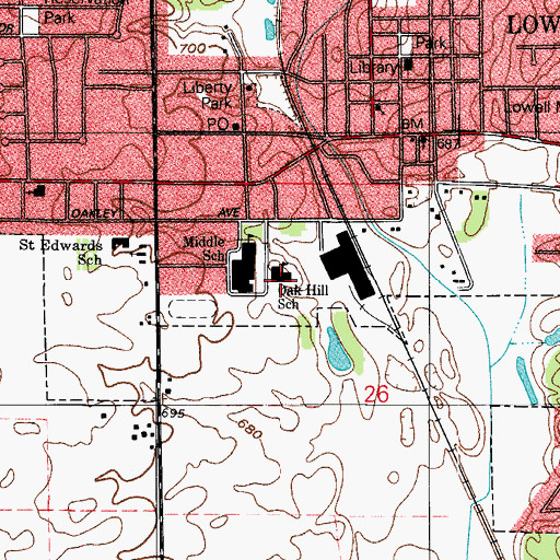 Topographic Map of Oak Hill Elementary School, IN