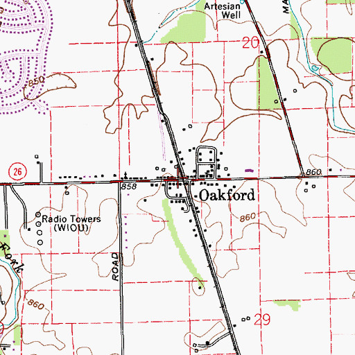 Topographic Map of Oakford, IN