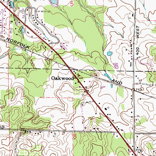 Topographic Map of Oakwood, IN