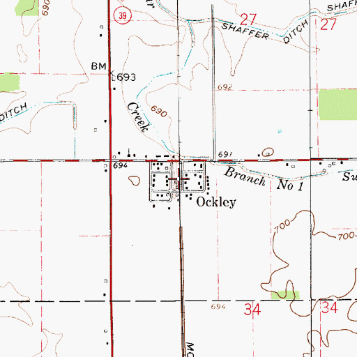 Topographic Map of Ockley, IN
