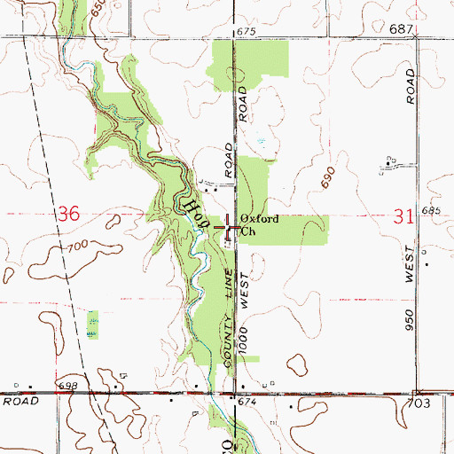 Topographic Map of Oxford Church, IN