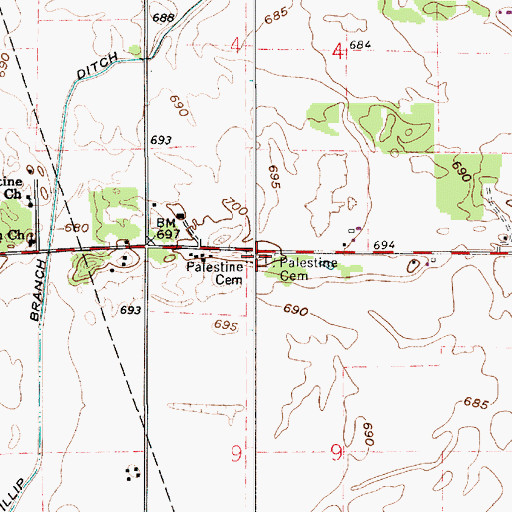 Topographic Map of Palestine Cemetery, IN