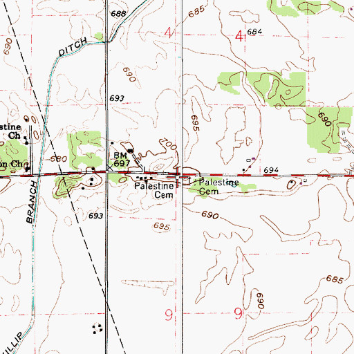 Topographic Map of Palestine Cemetery, IN