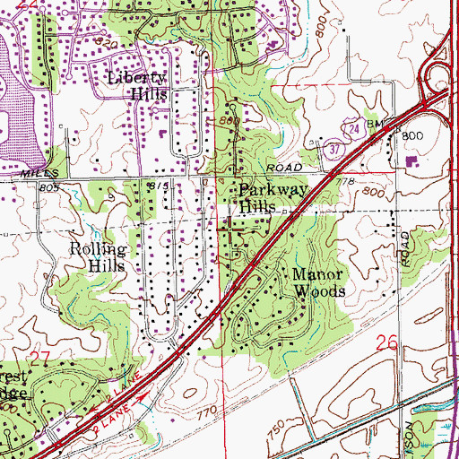 Topographic Map of Parkway Hills, IN
