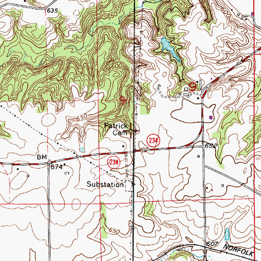 Topographic Map of Patrick Cemetery, IN