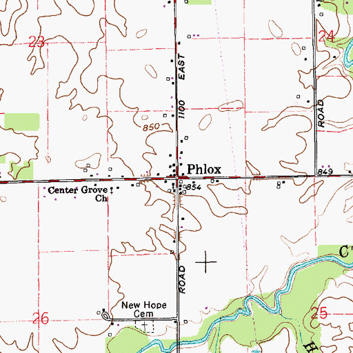 Topographic Map of Phlox, IN