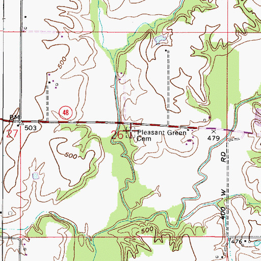 Topographic Map of Pleasant Green Cemetery, IN