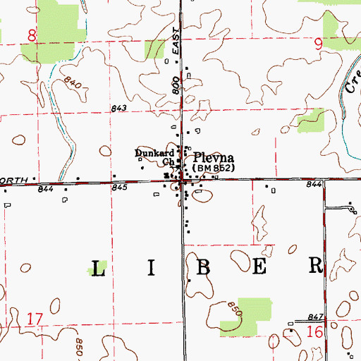 Topographic Map of Plevna, IN