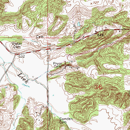 Topographic Map of Pryor Cemetery, IN