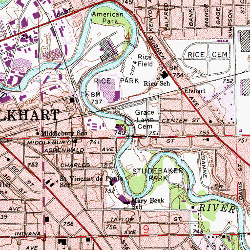 Topographic Map of Rice Park, IN