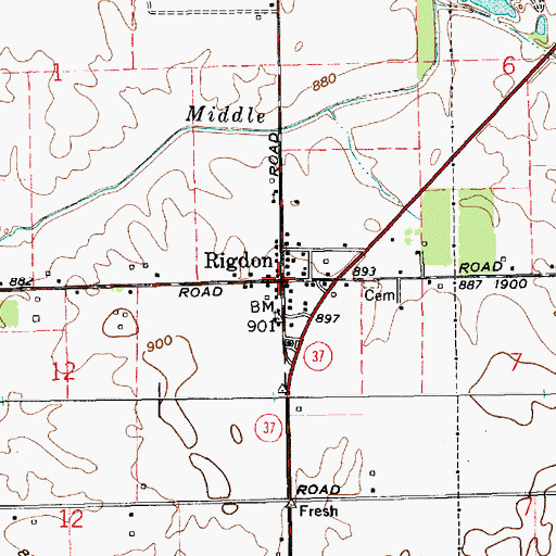 Topographic Map of Rigdon, IN