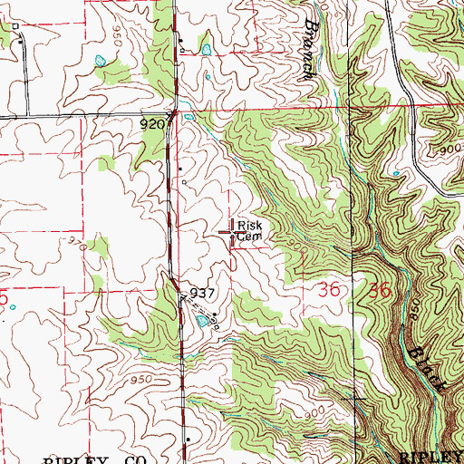 Topographic Map of Risk Cemetery, IN