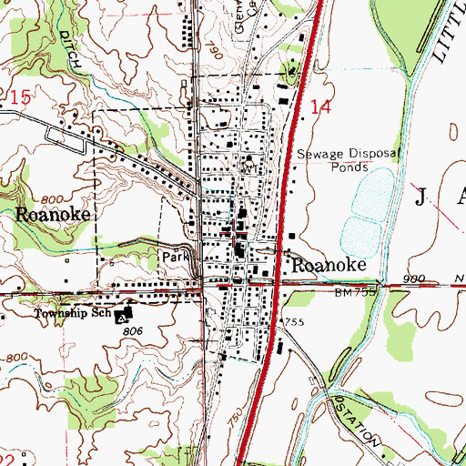 Topographic Map of Roanoke, IN