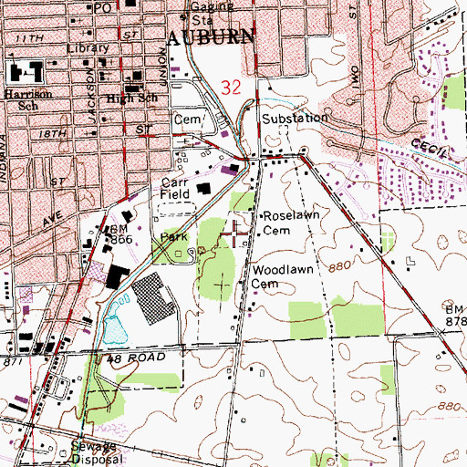 Topographic Map of Roselawn Cemetery, IN