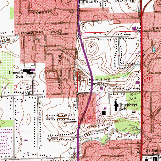 Topographic Map of Round Hill Cemetery, IN