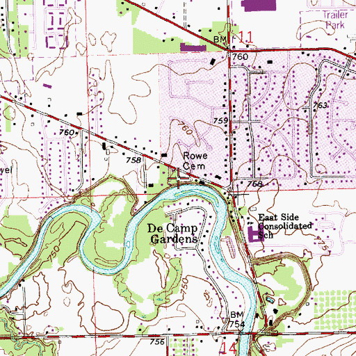 Topographic Map of Rowe Cemetery, IN