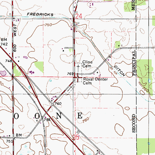 Topographic Map of Royal Center Cemetery, IN