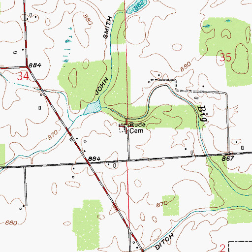 Topographic Map of Rude Cemetery, IN