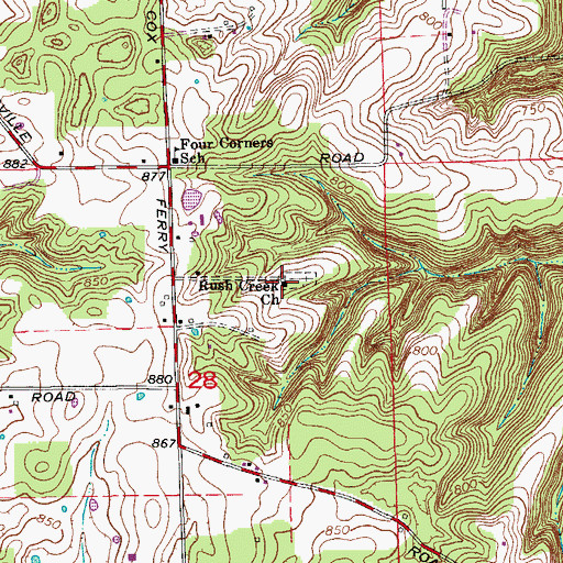 Topographic Map of Rush Creek Church, IN