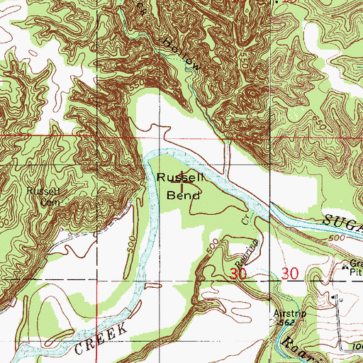 Topographic Map of Russell Bend, IN