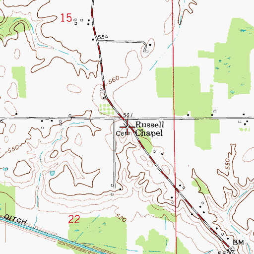 Topographic Map of Russell Chapel, IN