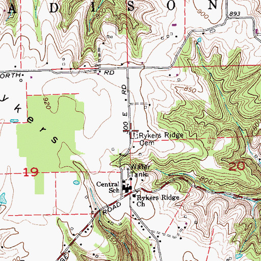 Topographic Map of Rykers Ridge Cemetery, IN