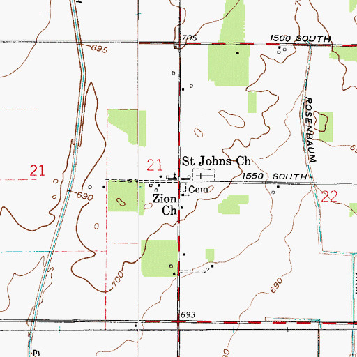 Topographic Map of Saint Johns Church, IN