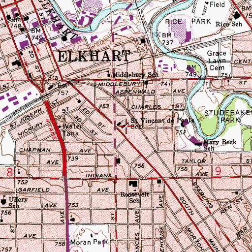 Topographic Map of Saint Vincent de Paul Elementary School, IN