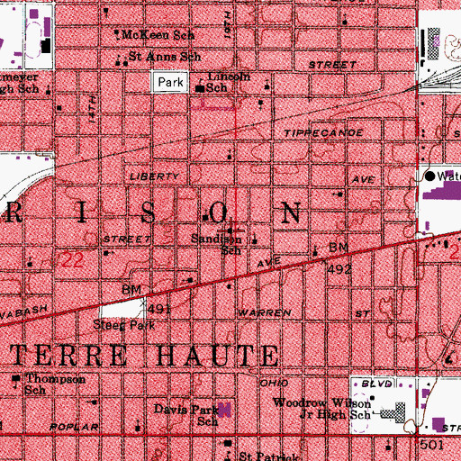 Topographic Map of Sandison School, IN