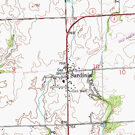 Topographic Map of Sardinia, IN