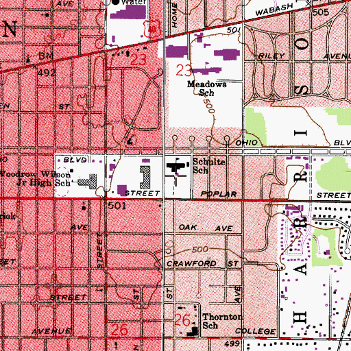 Topographic Map of Schulte School, IN