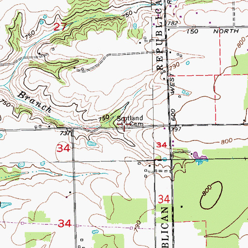 Topographic Map of Scotland Cemetery, IN