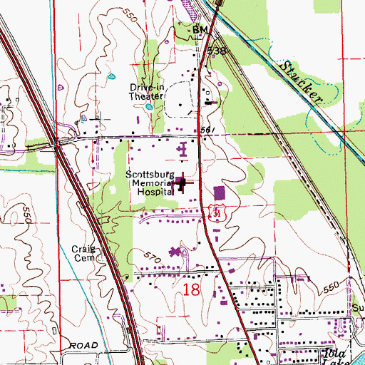 Topographic Map of Scott Memorial Hospital, IN