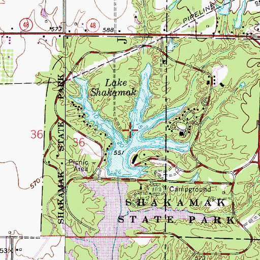 Topographic Map of Lake Shakamak, IN