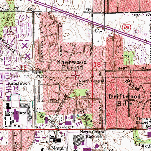 Topographic Map of Sherwood Forest, IN