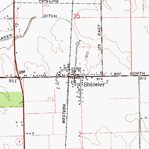 Topographic Map of Shideler, IN