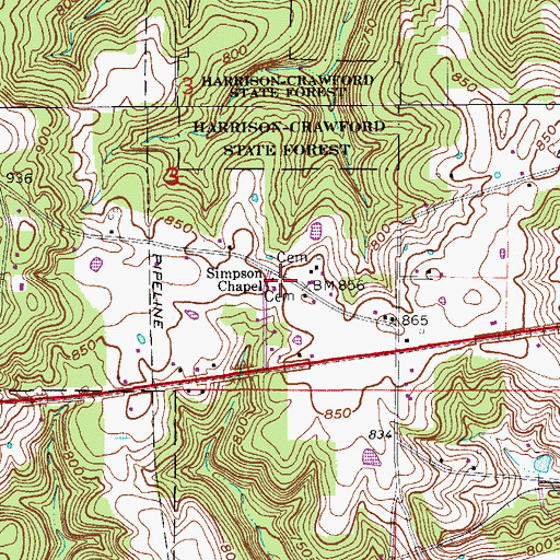 Topographic Map of Simpson Chapel, IN