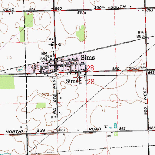 Topographic Map of Sims, IN