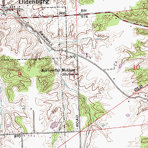 Topographic Map of Sorrowful Mother Shrine, IN